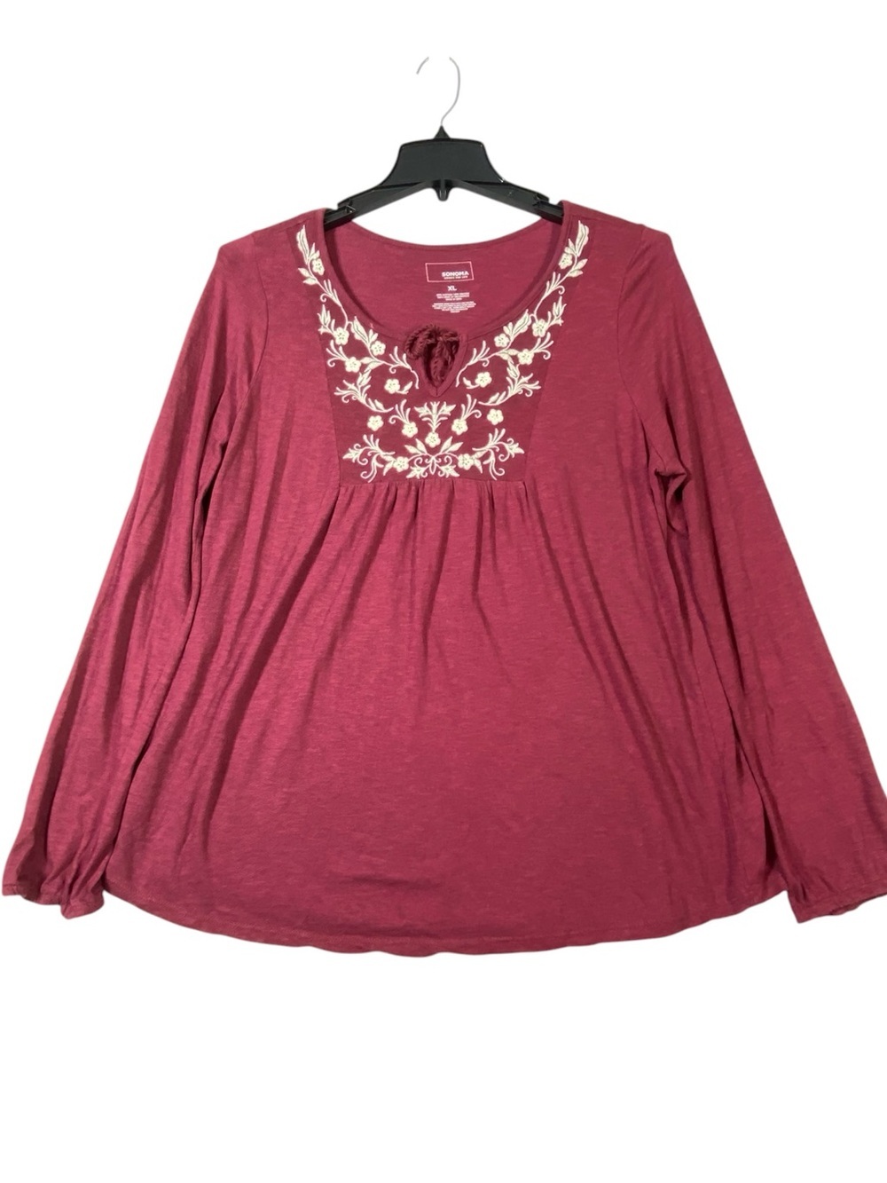 Sonoma Peasant Top Women's XL Burgundy Floral Embroidered Long Sleeve Split Neck